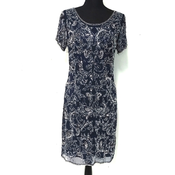 Pisarro Nights Beaded Leaf Sheath nave blue Dress in Size 10 - Picture 1 of 5